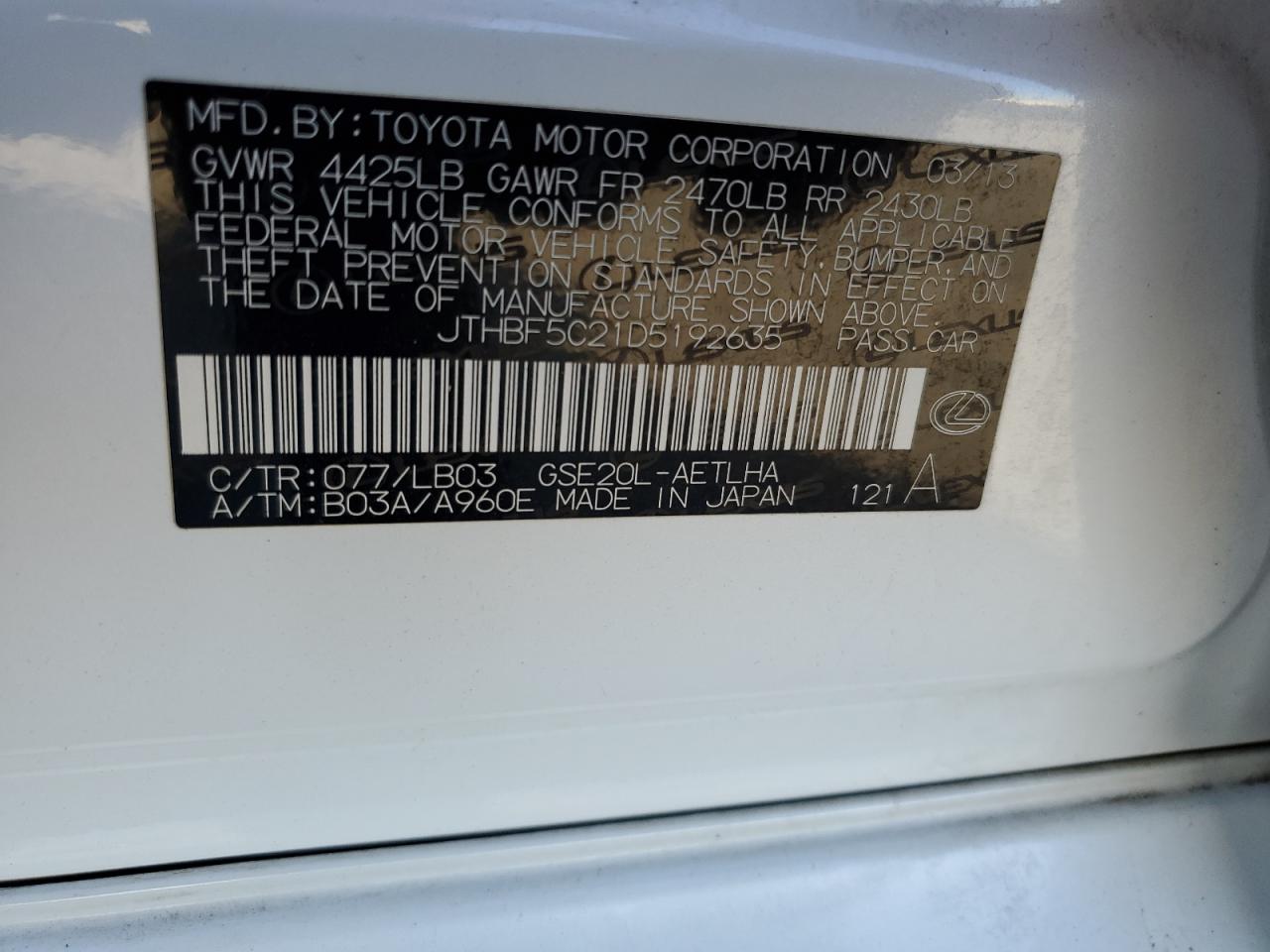 2013 Lexus Is 250 VIN: JTHBF5C21D5192635 Lot: 85011035