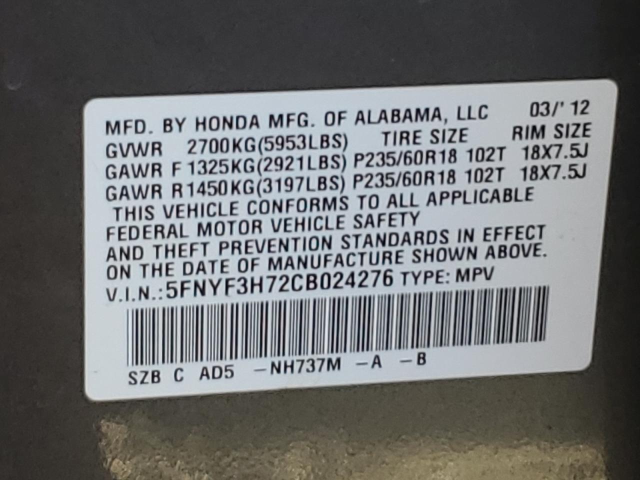 2012 Honda Pilot Exln VIN: 5FNYF3H72CB024276 Lot: 90353075