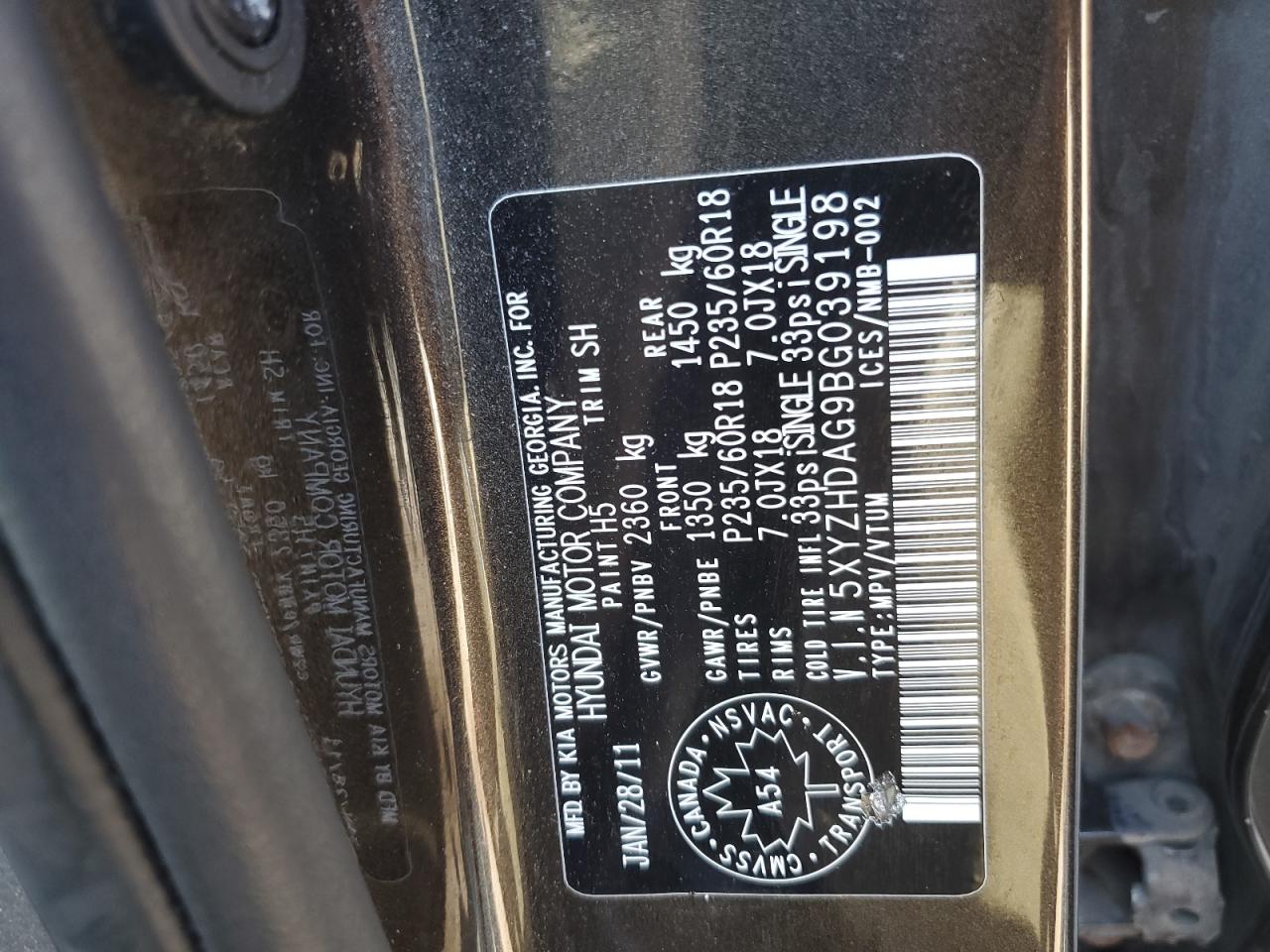 2011 Hyundai Santa Fe Se VIN: 5XYZHDAG9BG039198 Lot: 83834795