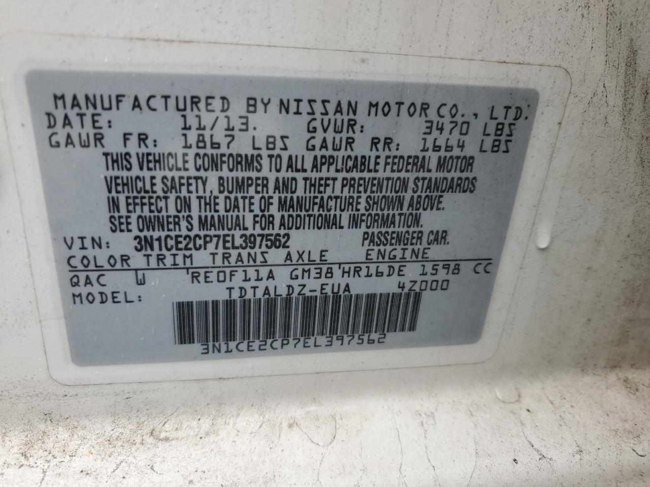 2014 Nissan Versa Note S VIN: 3N1CE2CP7EL397562 Lot: 86511645