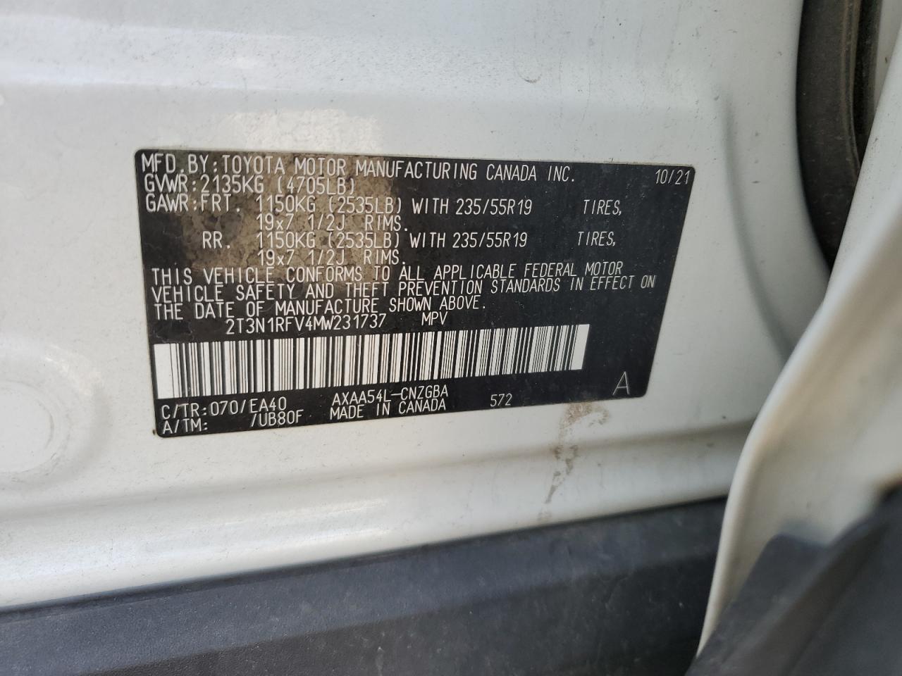 2021 Toyota Rav4 Limited VIN: 2T3N1RFV4MW231737 Lot: 81834225