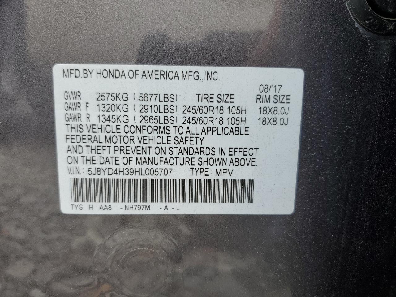 2017 Acura Mdx VIN: 5J8YD4H39HL005707 Lot: 89733785