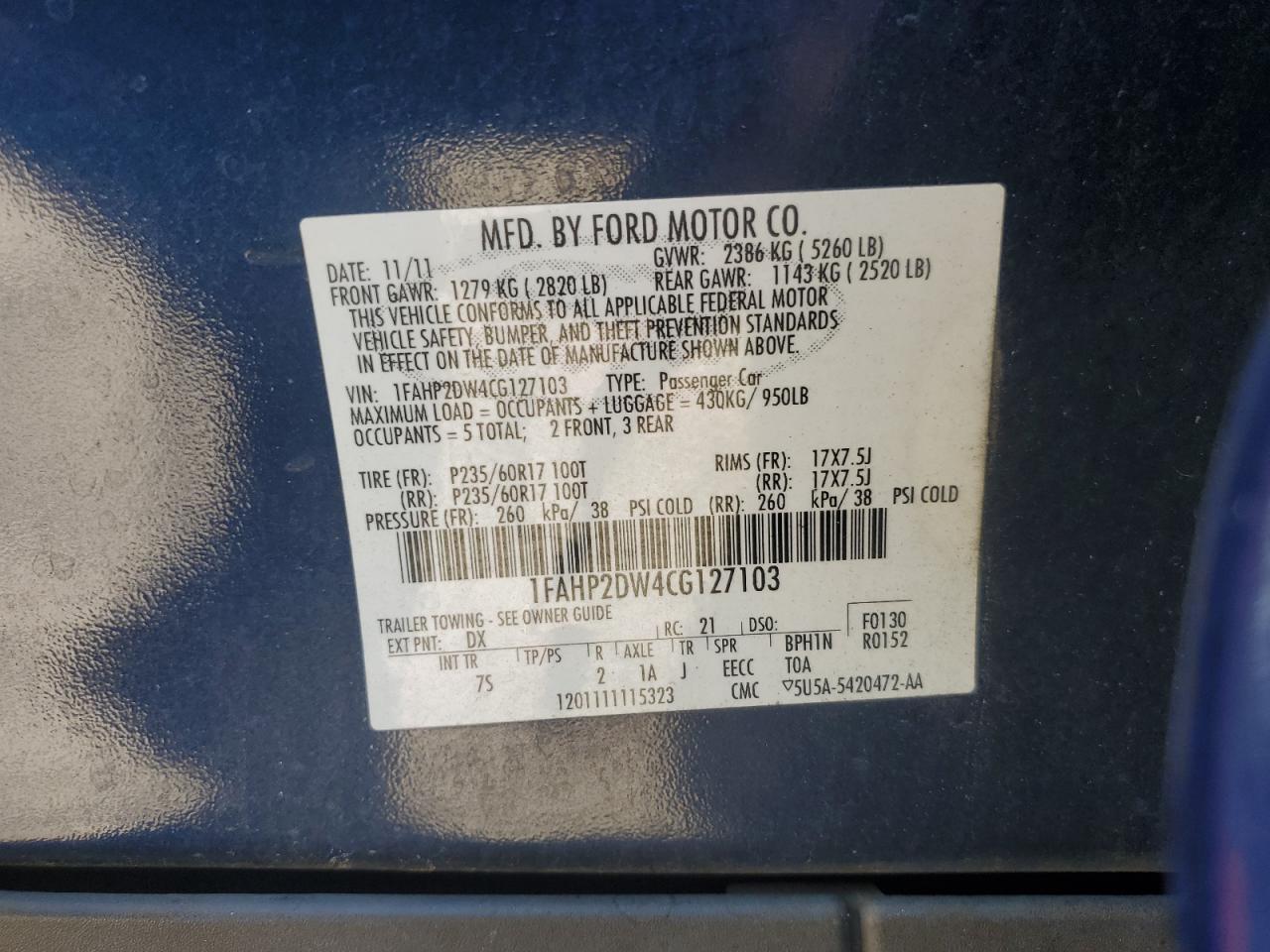 2012 Ford Taurus Se VIN: 1FAHP2DW4CG127103 Lot: 68168215