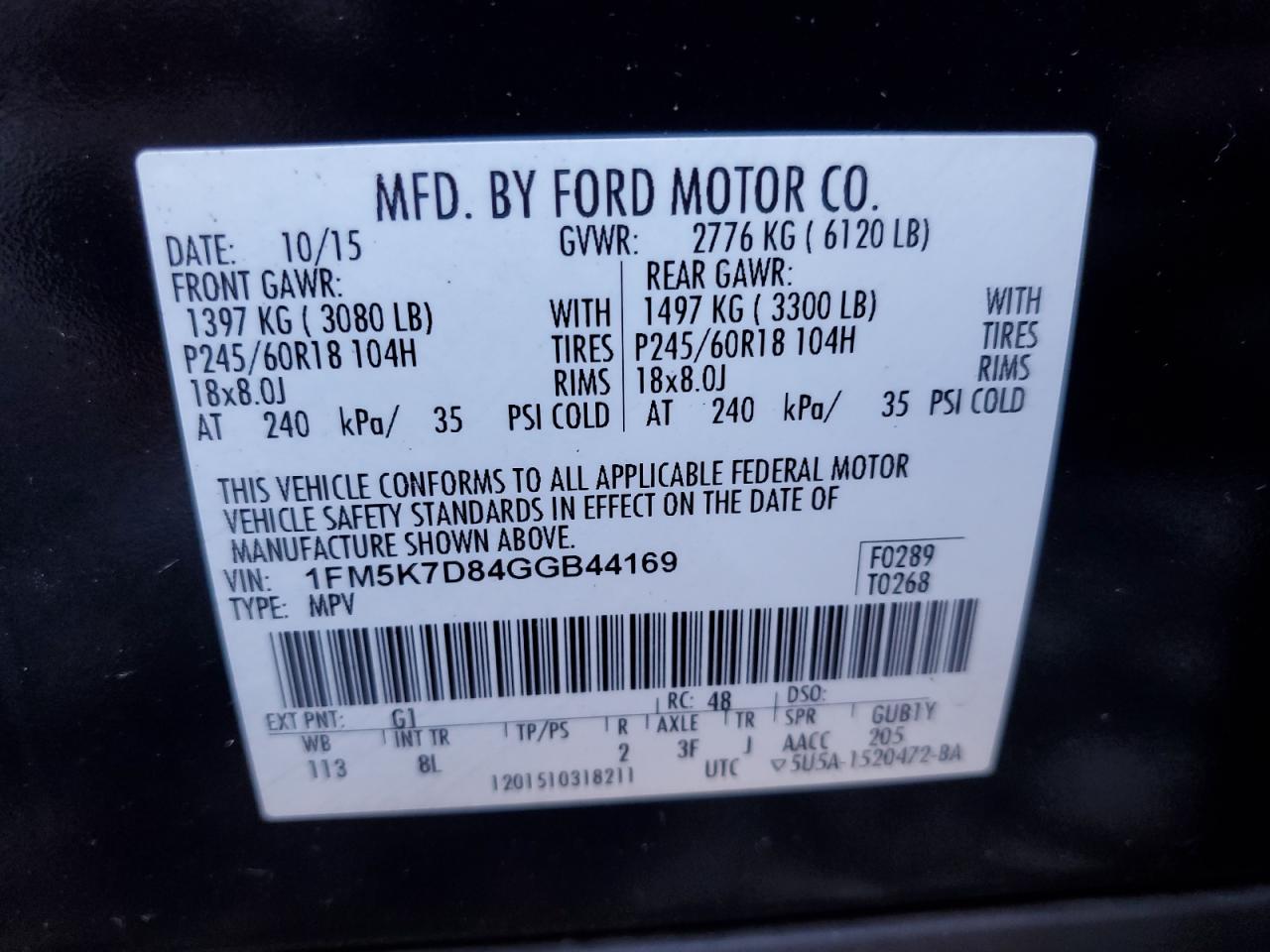 2016 Ford Explorer Xlt VIN: 1FM5K7D84GGB44169 Lot: 82291065