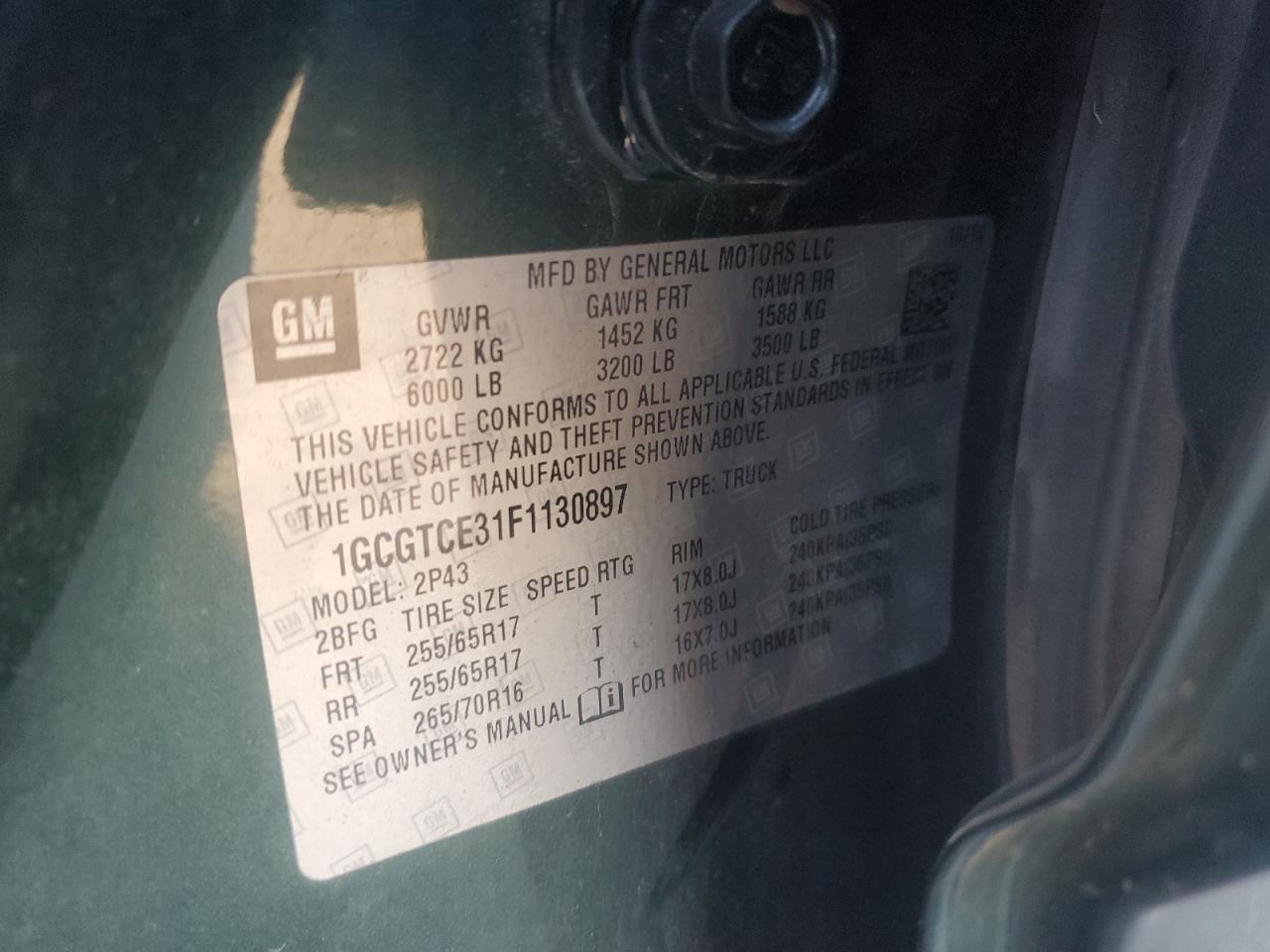 2015 Chevrolet Colorado Z71 VIN: 1GCGTCE31F1130897 Lot: 82410375