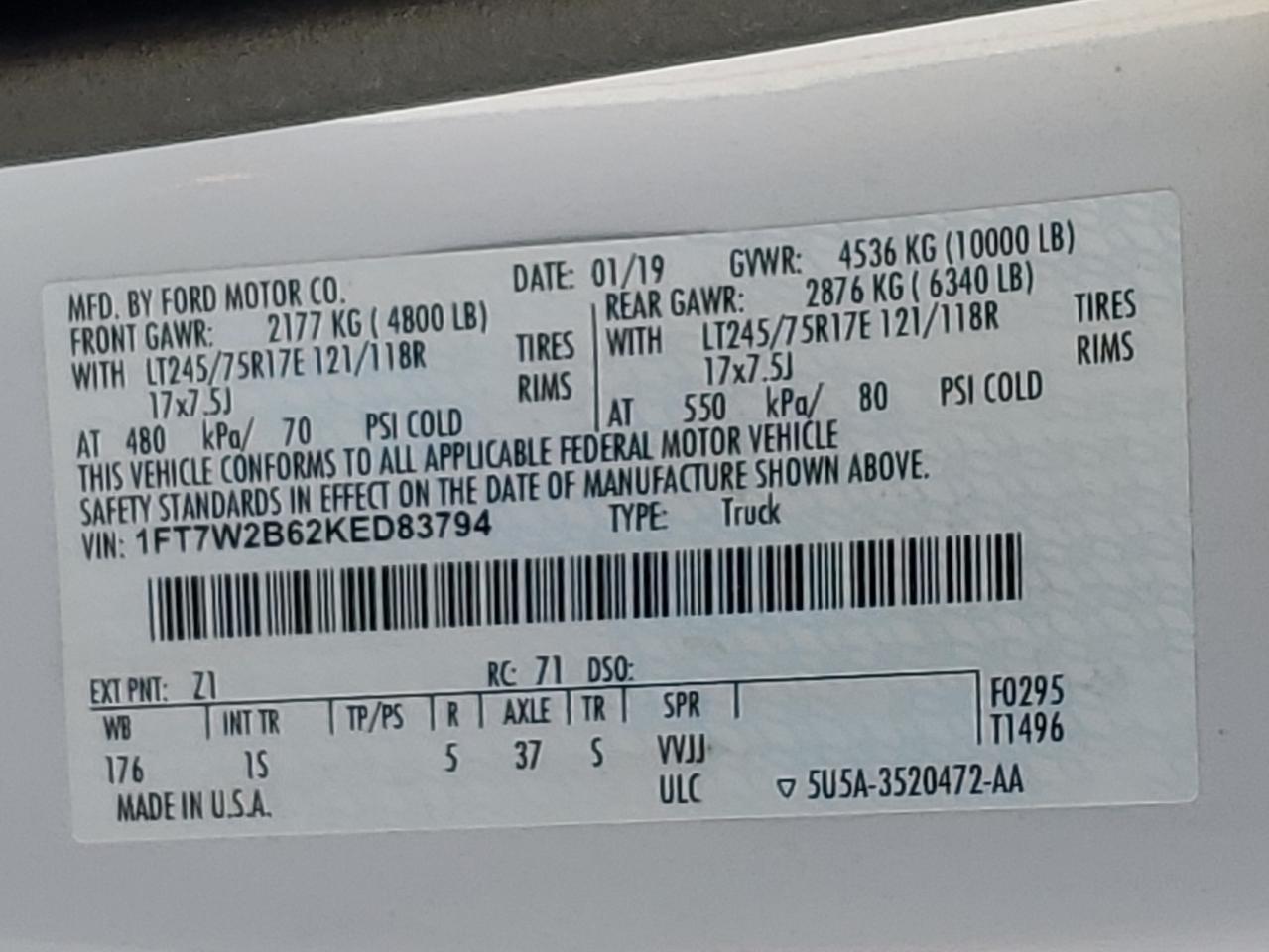 2019 Ford F250 Super Duty VIN: 1FT7W2B62KED83794 Lot: 85400615