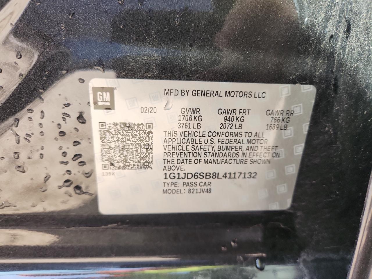 2020 Chevrolet Sonic Lt VIN: 1G1JD6SB8L4117132 Lot: 90123655