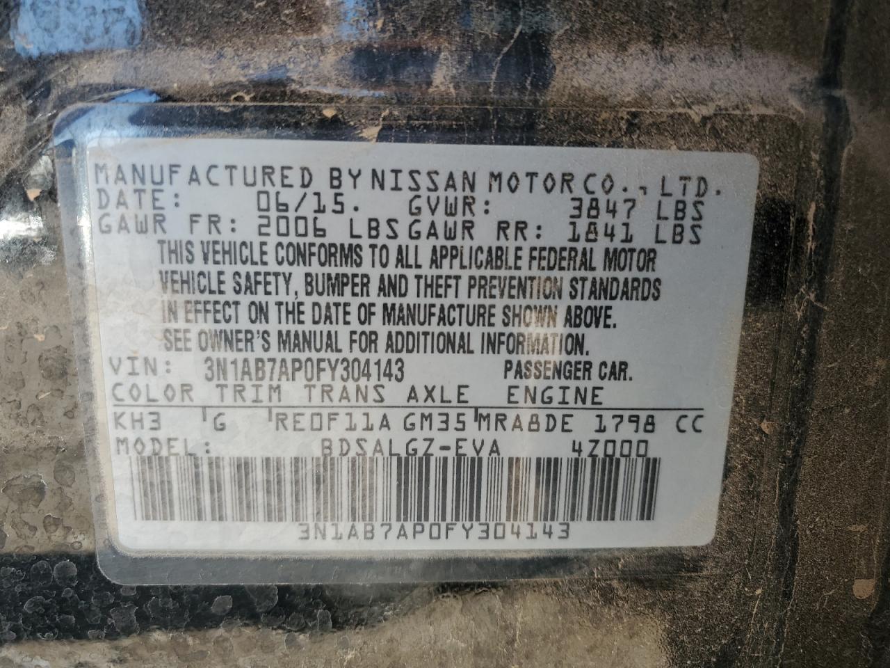 2015 Nissan Sentra S VIN: 3N1AB7AP0FY304143 Lot: 87102355
