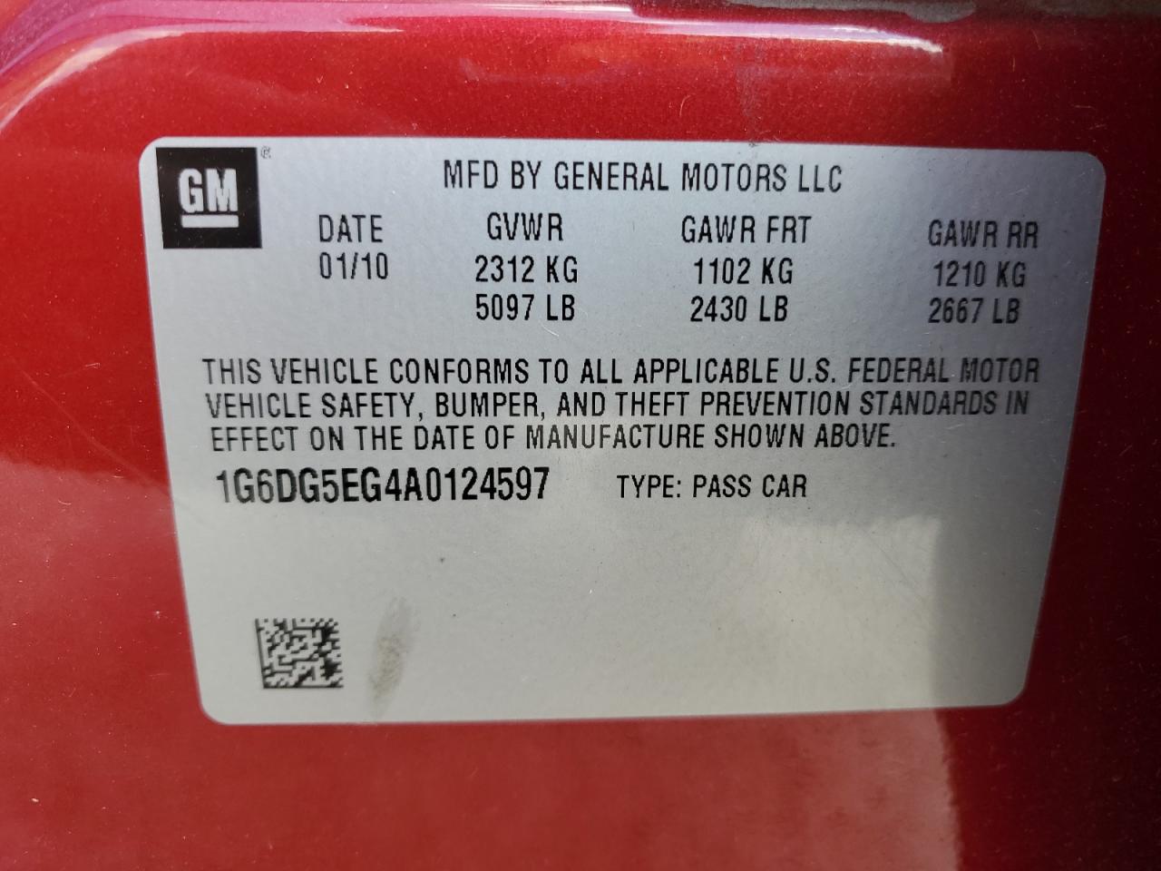 2010 Cadillac Cts Luxury Collection VIN: 1G6DG5EG4A0124597 Lot: 85869495