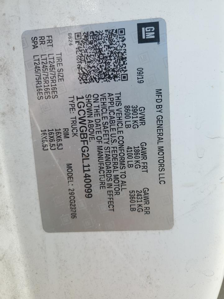 2020 Chevrolet Express G2500 VIN: 1GCWGBFG2L1140099 Lot: 85703825