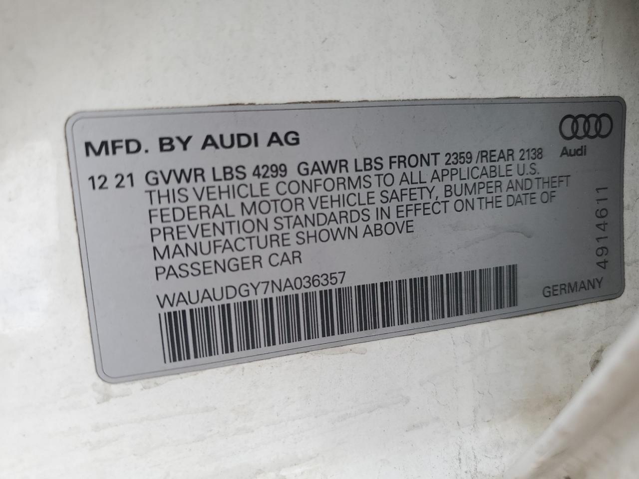 2022 Audi A3 Premium VIN: WAUAUDGY7NA036357 Lot: 86500755