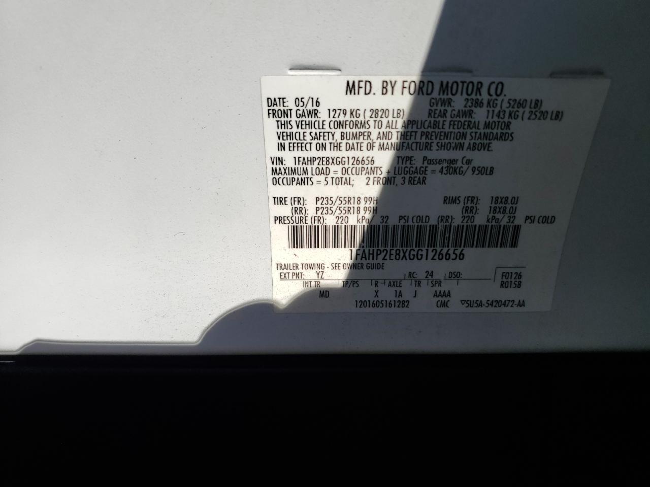 2016 Ford Taurus Sel VIN: 1FAHP2E8XGG126656 Lot: 91101355