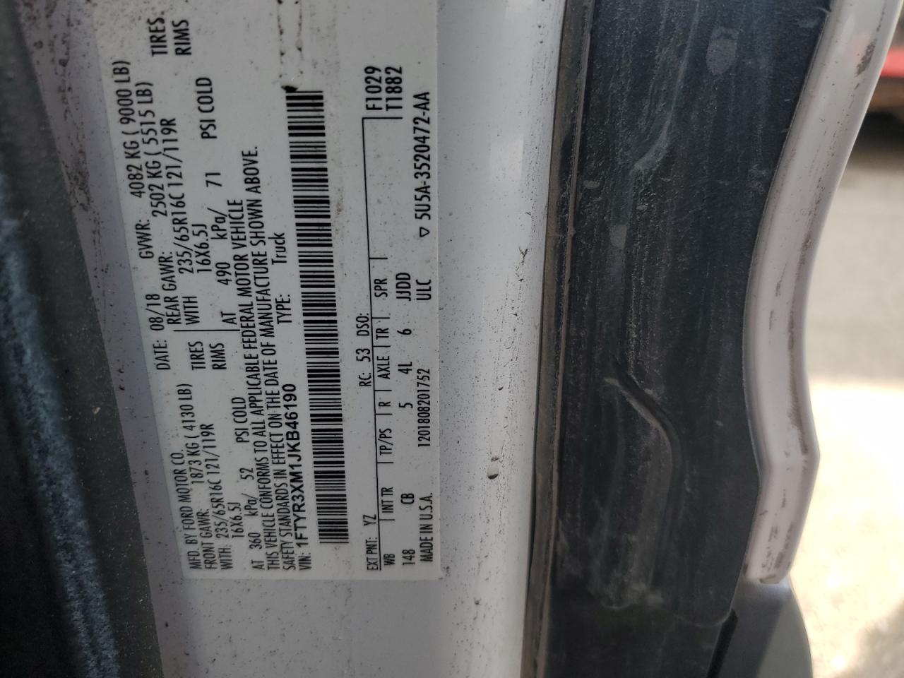 2018 Ford Transit T-250 VIN: 1FTYR3XM1JKB46190 Lot: 81187905