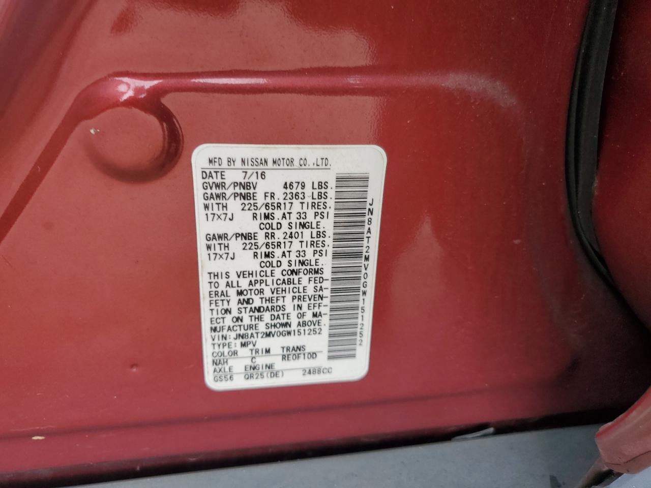 2016 Nissan Rogue S VIN: JN8AT2MV0GW151252 Lot: 85590405