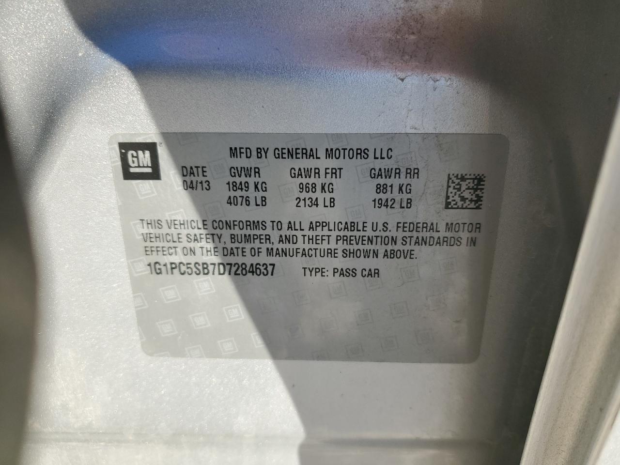 2013 Chevrolet Cruze Lt VIN: 1G1PC5SB7D7284637 Lot: 83931325