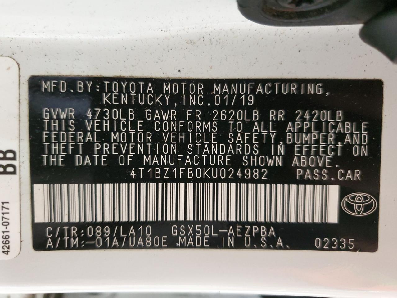 2019 Toyota Avalon Xle VIN: 4T1BZ1FB0KU024982 Lot: 82280985