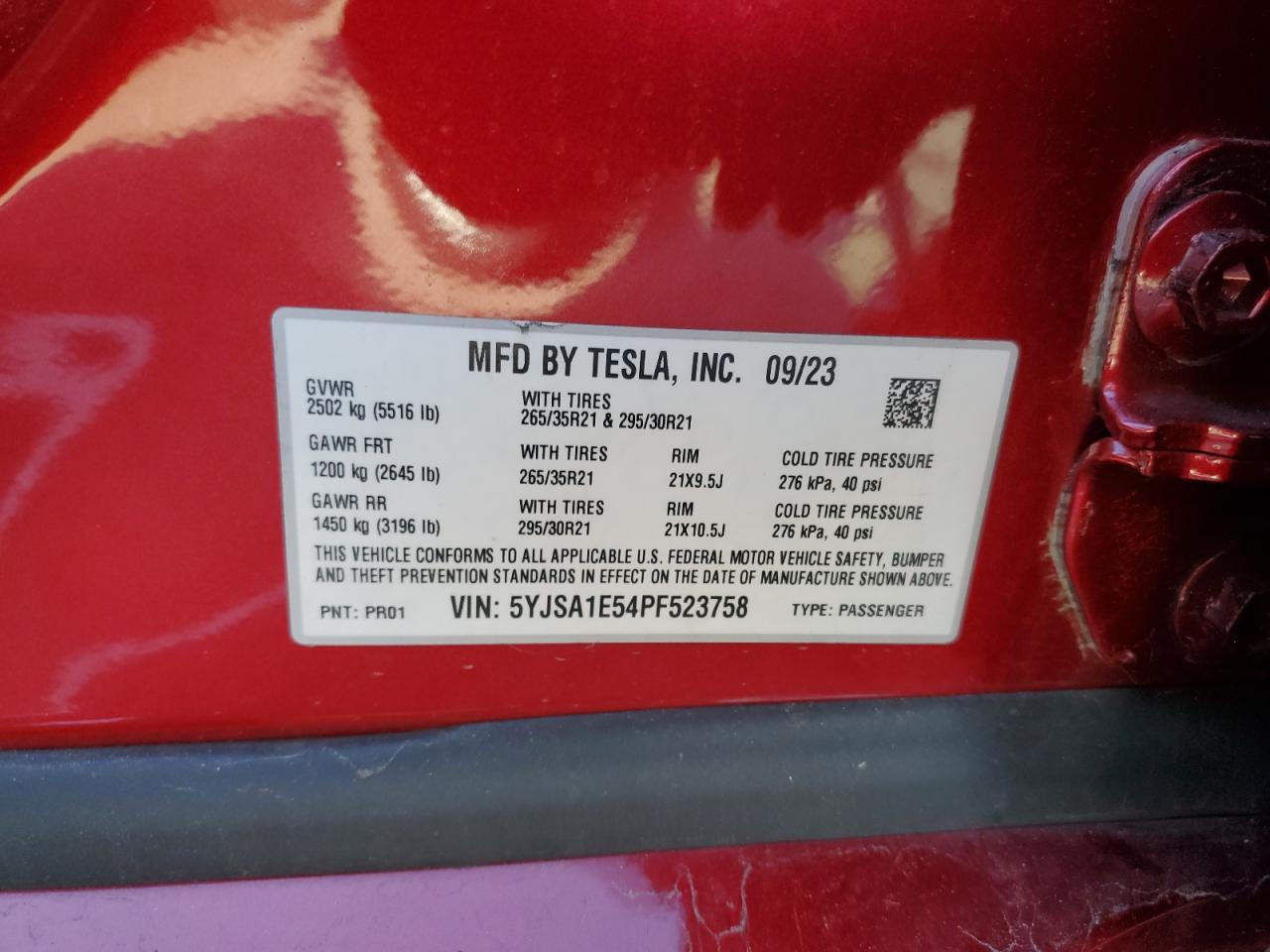 2023 Tesla Model S VIN: 5YJSA1E54PF523758 Lot: 89689835