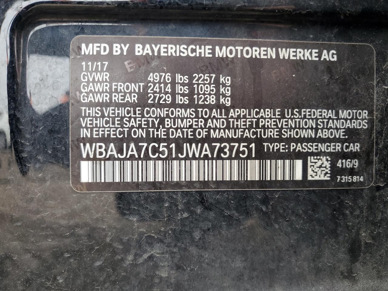 2018 BMW 530 Xi VIN: WBAJA7C51JWA73751 Lot: 85917425