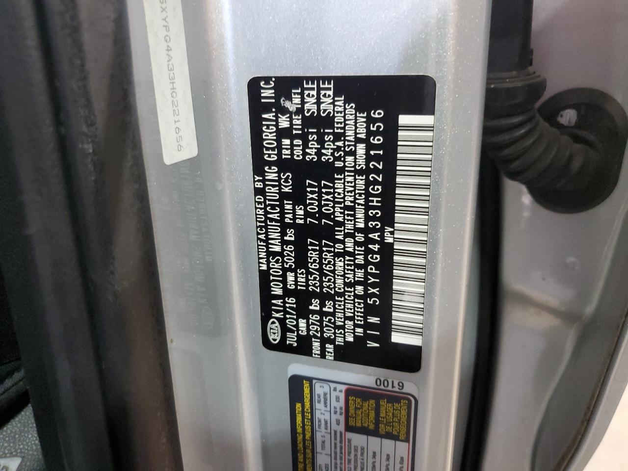 2017 Kia Sorento Lx VIN: 5XYPG4A33HG221656 Lot: 86678545