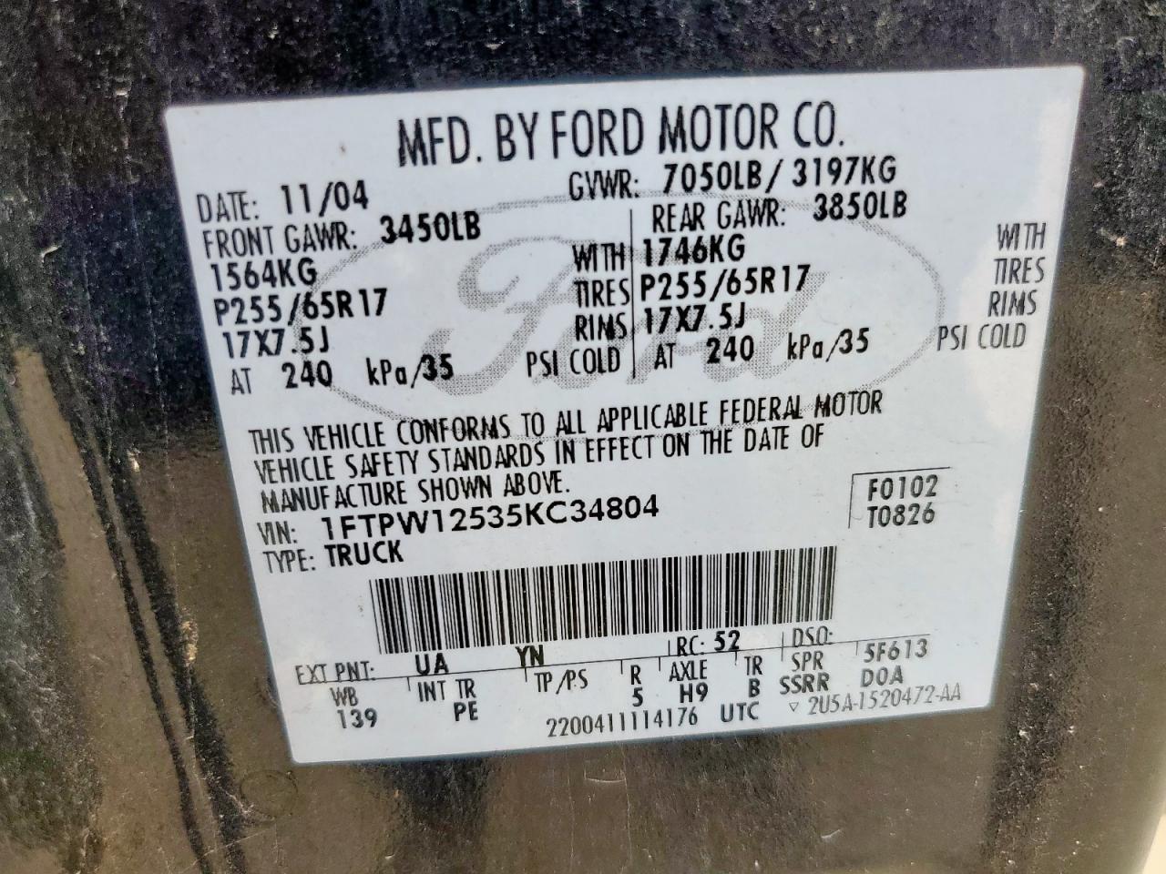 2005 Ford F150 Supercrew VIN: 1FTPW12535KC34804 Lot: 84995625