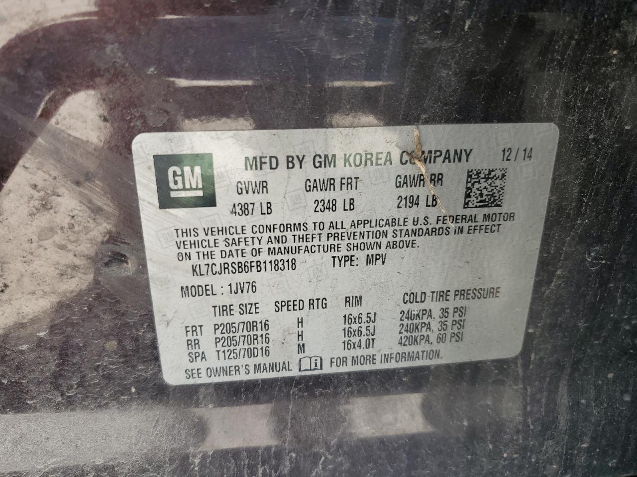 2015 Chevrolet Trax 1Lt VIN: KL7CJRSB6FB118318 Lot: 85735115