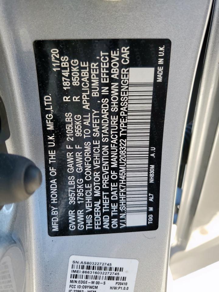 2021 Honda Civic Sport VIN: SHHFK7H45MU208322 Lot: 86253615