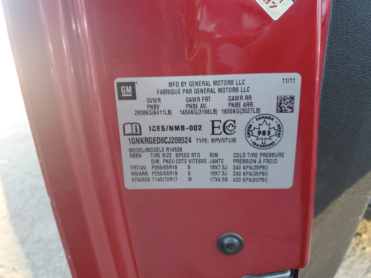 2012 Chevrolet Traverse Lt VIN: 1GNKRGED8CJ208524 Lot: 84183395