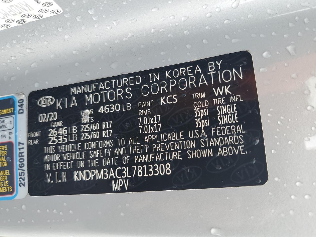 2020 Kia Sportage Lx VIN: KNDPM3AC3L7813308 Lot: 86275505