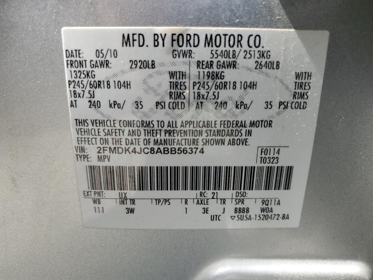 2010 Ford Uk VIN: 2FMDK4JC8ABB56374 Lot: 82259095