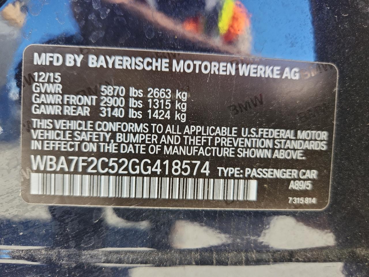 2016 BMW 750 Xi VIN: WBA7F2C52GG418574 Lot: 81998615