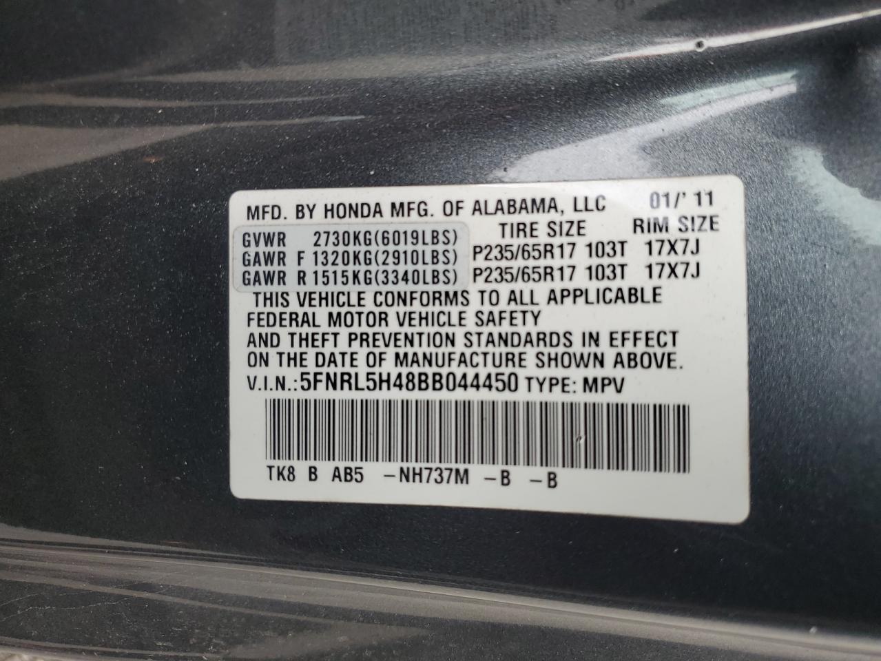 2011 Honda Odyssey Ex VIN: 5FNRL5H48BB044450 Lot: 85130245