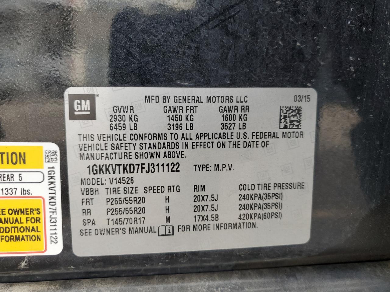 2015 GMC Acadia Denali VIN: 1GKKVTKD7FJ311122 Lot: 87464965