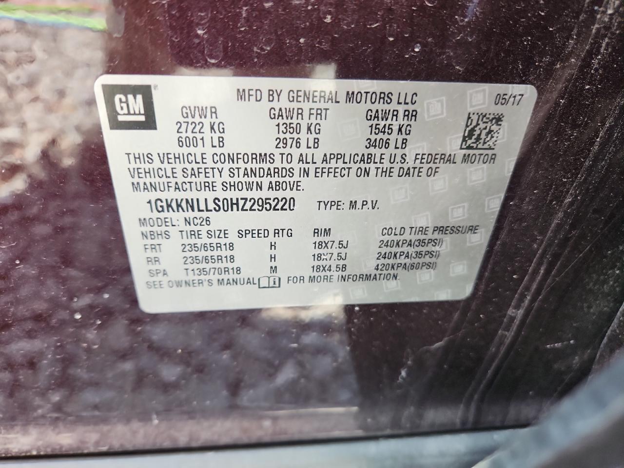 2017 GMC Acadia Sle VIN: 1GKKNLLS0HZ295220 Lot: 85324145