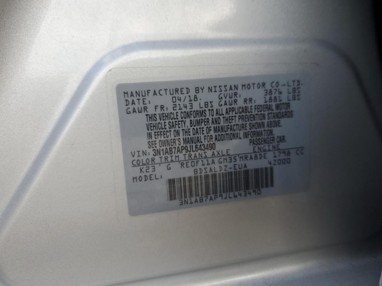 2018 Nissan Sentra S VIN: 3N1AB7AP9JL643490 Lot: 85580015