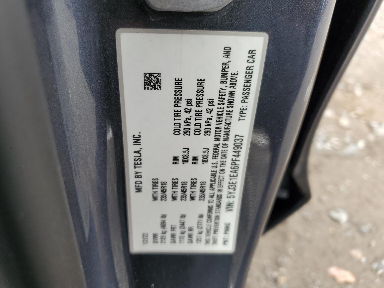 2023 Tesla Model 3 VIN: 5YJ3E1EA6PF449037 Lot: 86470425