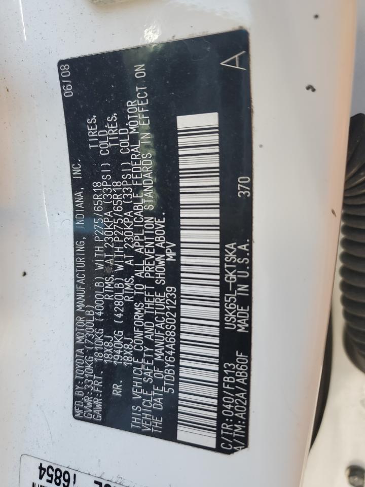 2008 Toyota Sequoia Sr5 VIN: 5TDBY64A68S021239 Lot: 86851915