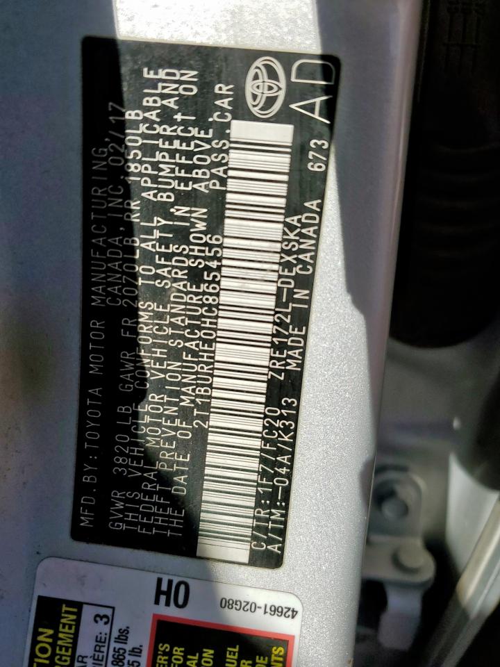 2017 Toyota Corolla L VIN: 2T1BURHE0HC865456 Lot: 84283725