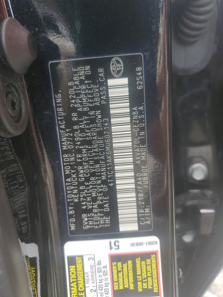 2021 Toyota Camry Le VIN: 4T1C11AK6MU607143 Lot: 89904015