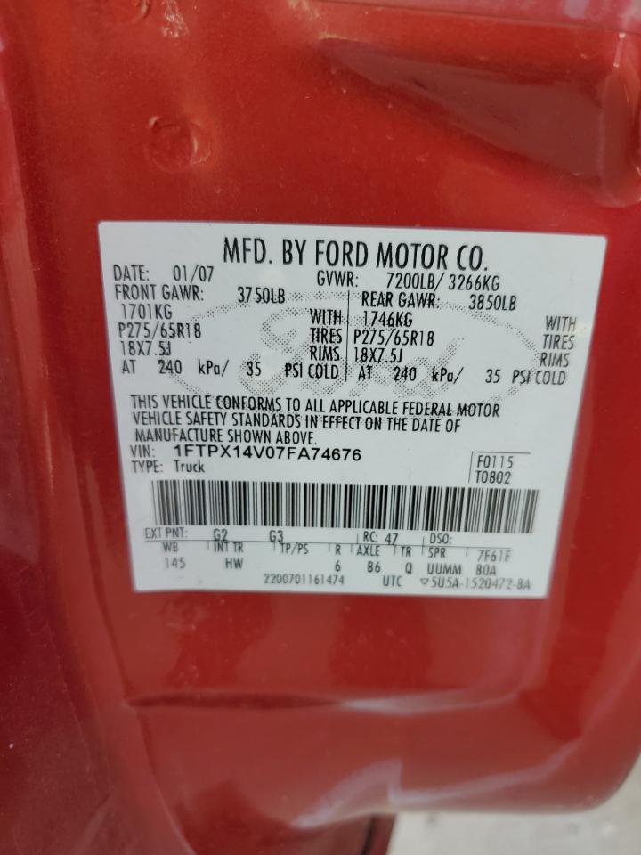 2007 Ford F150 VIN: 1FTPX14V07FA74676 Lot: 85508865