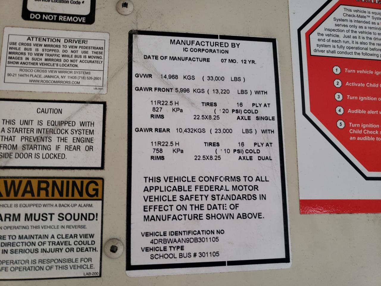 2013 Ic Corporation Re Series School - School Bus VIN: 4DRBWAAN9DB301105 Lot: 83876865