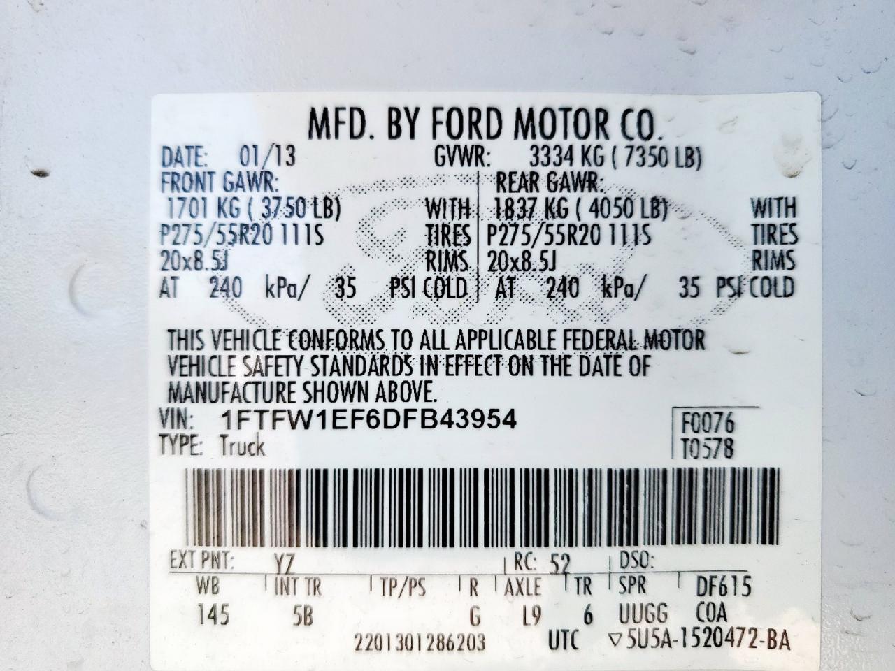 2013 Ford F150 Supercrew VIN: 1FTFW1EF6DFB43954 Lot: 82335375