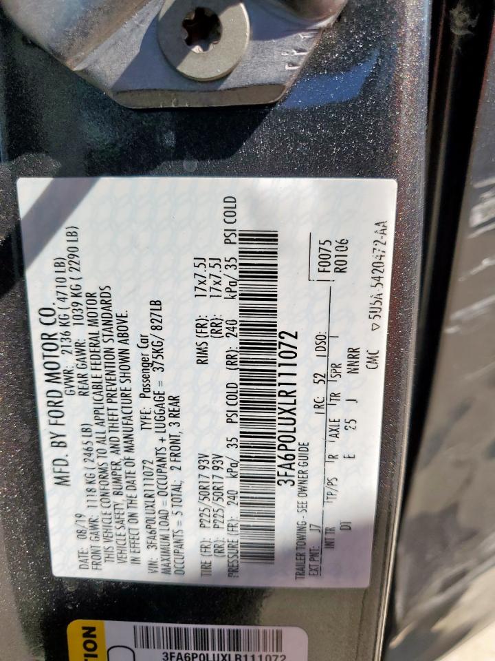 2020 Ford Fusion Se VIN: 3FA6P0LUXLR111072 Lot: 82106935