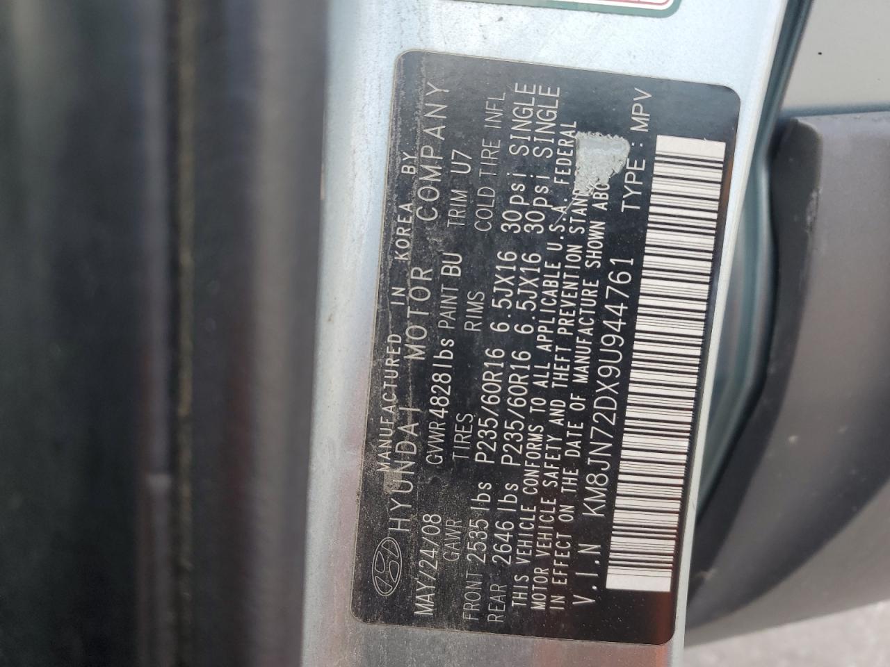 2009 Hyundai Tucson Se VIN: KM8JN72DX9U944761 Lot: 82356985