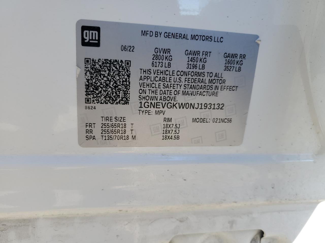 2022 Chevrolet Traverse Lt VIN: 1GNEVGKW0NJ193132 Lot: 89992305