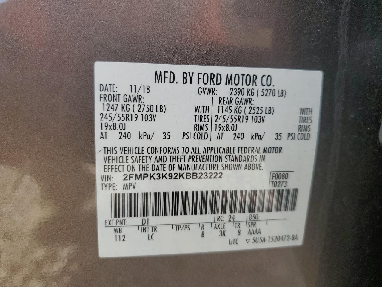 2019 Ford Edge Titanium VIN: 2FMPK3K92KBB23222 Lot: 86527245