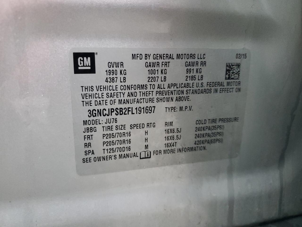 2015 Chevrolet Trax 1Ls VIN: 3GNCJPSB2FL191697 Lot: 90678945