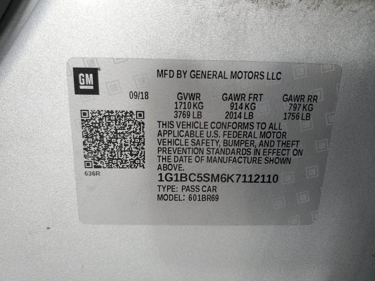 2019 Chevrolet Cruze Ls VIN: 1G1BC5SM6K7112110 Lot: 82217915