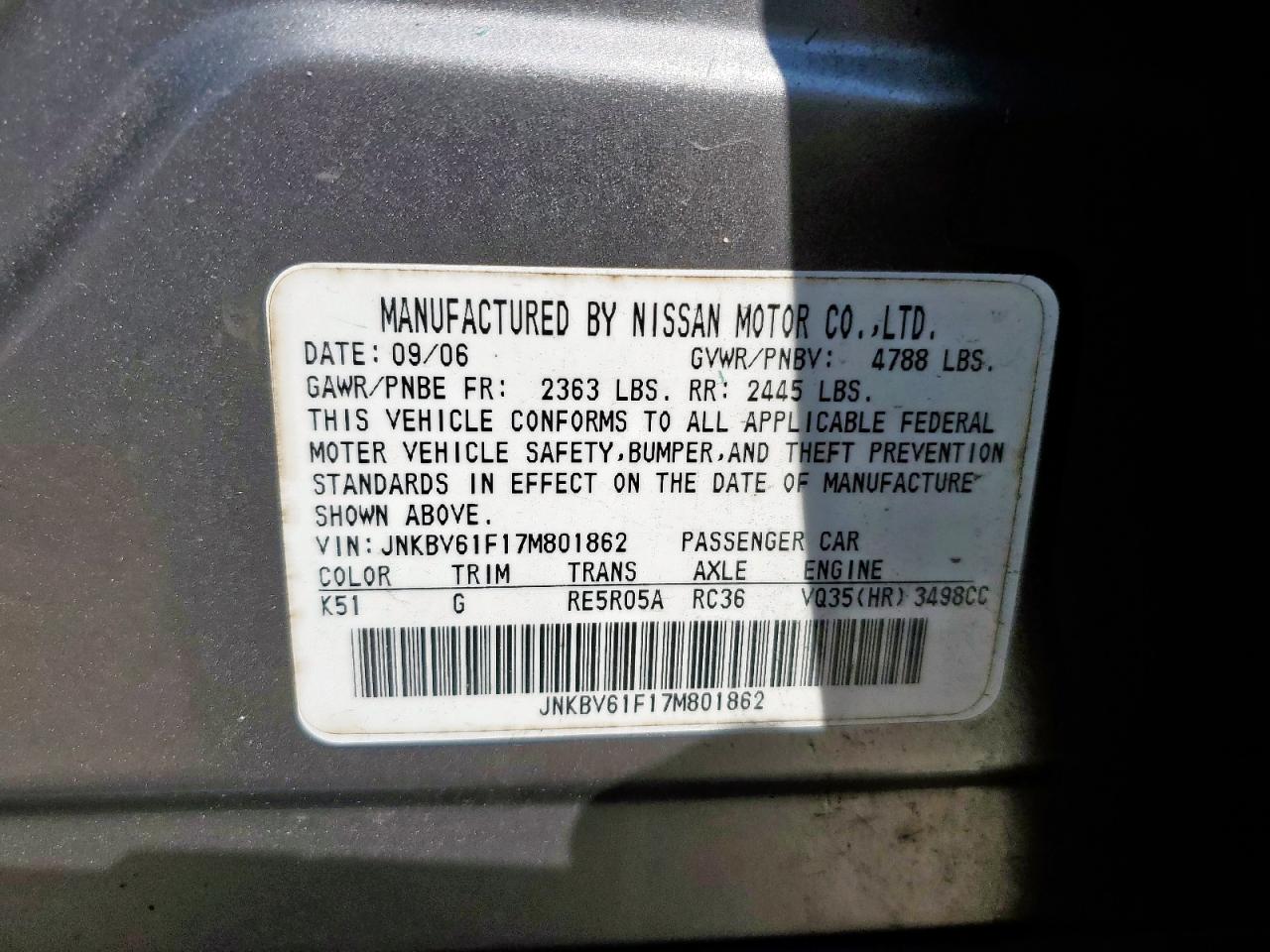 2007 Infiniti G35 VIN: JNKBV61F17M801862 Lot: 85186845