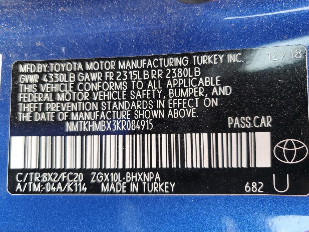 2019 Toyota C-Hr Xle VIN: NMTKHMBX3KR084915 Lot: 85345525