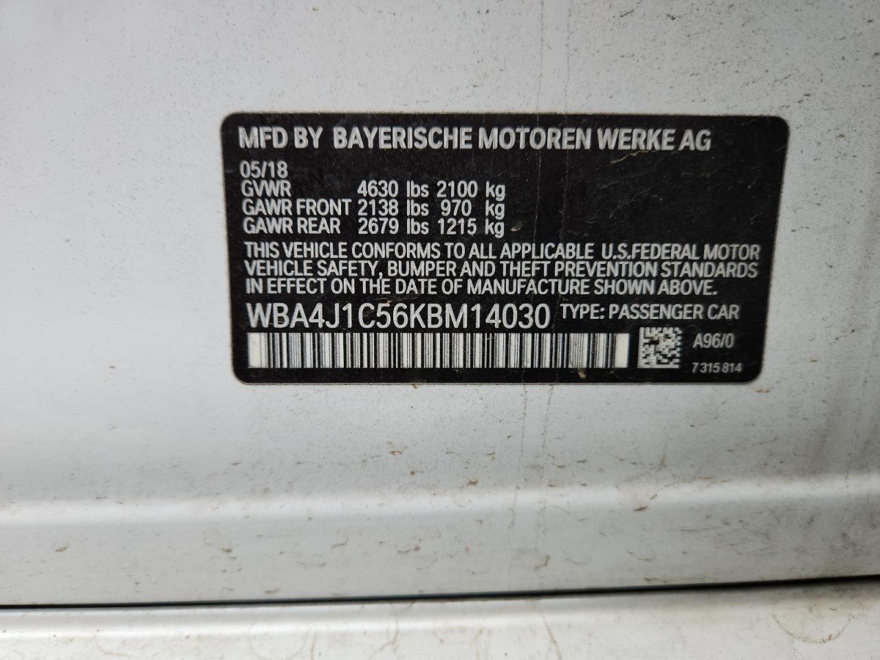 2019 BMW 430I Gran Coupe VIN: WBA4J1C56KBM14030 Lot: 84938595